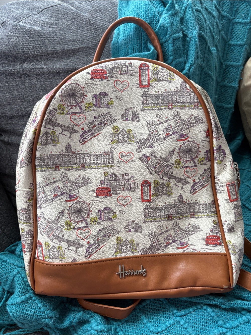 Harrods Cream Backpack with Brown Trim and London Landmark Print
